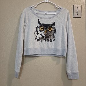 Express Women Cropped Sequin Lace Owl Heather Grey Pullover Sweater Size Small